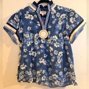 Umgee Blue Floral Ruffle Neck Blouse | Size Large | NWT